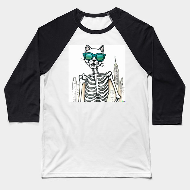 A hipster skeleton cat with shades in New York. Baseball T-Shirt by AndyMcBird